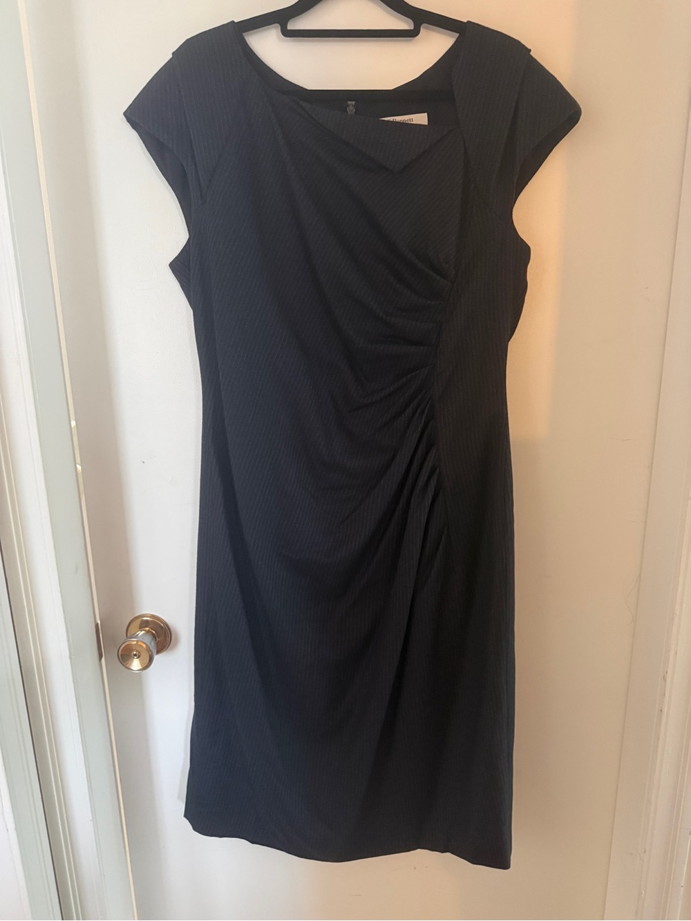 L.K. Bennett London Navy Pinstripe Wool Ruched Sheath Dress US 12 UK 16